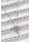 316L Çelik Gümüş Renk Zincir Zirkon Taşlı Kurdele Model Kadın Kolye