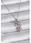  Gümüş  Zincir Zirkon Taşlı Kurdele Pembe Kalp Model  Çelik Kolye