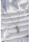  Gümüş  Zincir Zirkon Taşlı Kurdele Pembe Kalp Model  Çelik Kolye