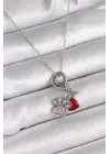  Gümüş  Zincir Zirkon Taşlı Pati Figür Kalp Detay  Çelik Kolye