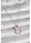  Gümüş  Zincir Zirkon Taşlı Pembe Mineli Kelebek Model  Çelik Kolye