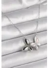  Gümüş  Zincir Zirkon Taşlı li Kelebek Model  Çelik Kolye