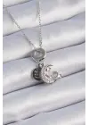 Gümüş  Zirkon Taşlı Ay Yıldız Figür Charm Model  Çelik Kolye
