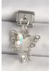 316L Çelik Gümüş Renk Zirkon Taşlı Beyaz Kelebek Model Nomination Charm