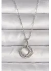  Gümüş  Zirkon Taşlı Beyaz Sedefli Hilal Model  Çelik Kolye
