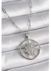  Gümüş  Zirkon Taşlı Güneş Madalyon Model  Çelik Kolye