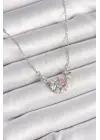 316L Çelik Gümüş Renk Zirkon Taşlı Hilal Pembe Kalp Model Kadın Kolye