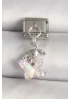 316L Çelik Gümüş Renk Zirkon Taşlı Hilal Pembe Mineli Kelebek Model Nomination Charm