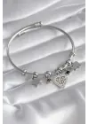316L Çelik Gümüş Renk Zirkon Taşlı Kalp Figür Fil Detay Charm Model Kadın Bileklik
