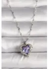  Gümüş  Zirkon Taşlı Mor Kalp Model  Çelik Kolye