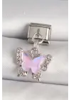 316L Çelik Gümüş Renk Zirkon Taşlı Pembe Kelebek Model Nomination Charm