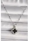  Gümüş  Zirkon Taşlı Siyah Yonca Model  Çelik Kolye