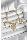 316L Çelik Güneş Ay ve Para Figürlü İnci Detaylı Sallantılı Gold Renk Kadın Bileklik