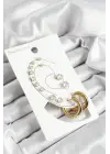 316L Çelik Halka Figürlü Ve Zirkon Taşlı Gold Renk 7li Çift Kadın Küpe Set