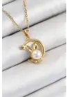 316L Çelik İnci Detaylı Hilal Tavşan Model Gold Renk Kadın Kolye