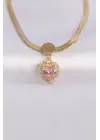  İtalyan Zincir Altın  Pembe Zirkon Taşlı Kalp Çelik Kolye