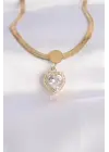 İtalyan Zincir Altın  Zirkon Taşlı Kalp Çelik Kolye