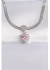  İtalyan Zincir Gümüş  Pembe Zirkon Taşlı Kalp Çelik Kolye