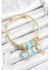 316L Çelik Mavi Zirkon Taşlı Anahtar Ve Kalp Model Gold Renk Charm Bileklik