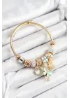 316L Çelik Mavi Zirkon Taşlı Kalp Kelebek Ve İstiridye Model Gold Renk Charm Bileklik
