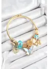316L Çelik Mavi Zirkon Taşlı Kelebek Fiyonk Ve Kilit Model Gold Renk Charm Bileklik