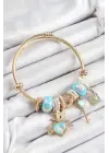 316L Çelik Mavi Zirkon Taşlı Kilit Anahtar Ve Kalp Model Gold Renk Charm BileklikCharm Bileklik