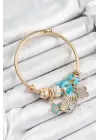 316L Çelik Mavi Zirkon Taşlı Yıldız Göz Ve Yonca Model Gold Renk Charm Bileklik