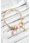 316L Çelik Pembe Zirkon Taşlı Anahtar Ve Kalp Model Gold Renk Charm Bileklik