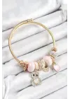 316L Çelik Pembe Zirkon Taşlı Ayıcık Ve Kalp Model Gold Renk Charm Bileklik