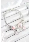 316L Çelik Pembe Zirkon Taşlı Ayıcık Ve Kalp Model Gümüş Renk Charm Bileklik