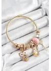 316L Çelik Pembe Zirkon Taşlı Baykuş İstiridye Ve Anahtar Model Gold Renk Charm Bileklik