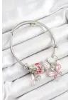316L Çelik Pembe Zirkon Taşlı Kelebek Model Gümüş Renk Charm Bileklik