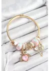316L Çelik Pembe Zirkon Taşlı Kilit Anahtar Ve Kalp Model Gold Renk Charm BileklikCharm Bileklik