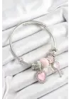 316L Çelik Pembe Zirkon Taşlı Yıldız Anahtar Ve Kalp Model Gümüş Renk Charm Bileklik