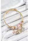 316L Çelik Pembe Zirkon Taşlı Yıldız Göz Ve Yonca Model Gold Renk Charm Bileklik