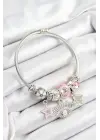 316L Çelik Pembe Zirkon Taşlı Yıldız Göz Ve Yonca Model Gümüş Renk Charm Bileklik