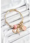316L Çelik Pembe Zirkon Taşlı Yıldız Melek İstiridye Ve Kalp Model Gold Renk Charm Bileklik