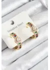 316L Çelik Renkli Zirkon Taşlı Kalpli Baget Halka Model Gold Renk Kadın Küpe
