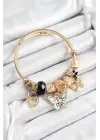316L Çelik Siyah Zirkon Taşlı Kelebek Fiyonk Ve Kilit Model Gold Renk Charm Bileklik