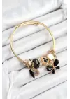 316L Çelik Siyah Zirkon Taşlı Kelebek Model Gold Renk Charm Bileklik