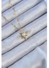  Zincir Altın  Baget Taşlı İnci Detay Kutup Yıldızı Çelik Kolye