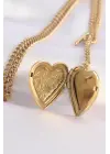  Zincir Altın  İçi Açılan Çiçek Desenli Kalp Çelik Kolye