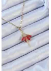  Zincir Altın  Kırmızı Etekli Zirkon Taşlı Balerin Çelik Kolye