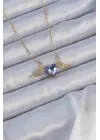  Zincir Altın  Mavi Mor Zirkon Taşlı Kanatlı Kalp Çelik Kolye