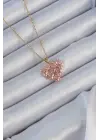  Zincir Altın  Pembe Parçalı Zirkon Taşlı Kalp Çelik Kolye