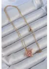  Zincir Altın  Pembe Parçalı Zirkon Taşlı Kalp Çelik Kolye