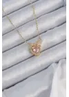 Zincir Altın  Pembe Zirkon Taşlı Fiyonklu Kalp Çelik Kolye