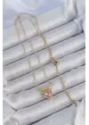  Zincir Altın  Pembe Zirkon Taşlı Fiyonklu Kalp Çelik Kolye