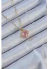  Zincir Altın  Pembe Zirkon Taşlı Kalp Çelik Kolye