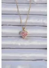  Zincir Altın  Pembe Zirkon Taşlı Kalp Çelik Kolye